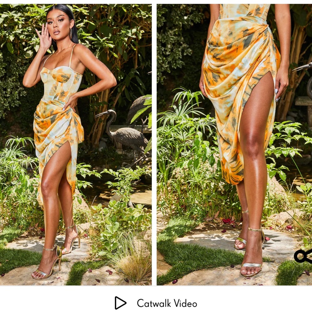tie dye print structured corset top & skirt set.
